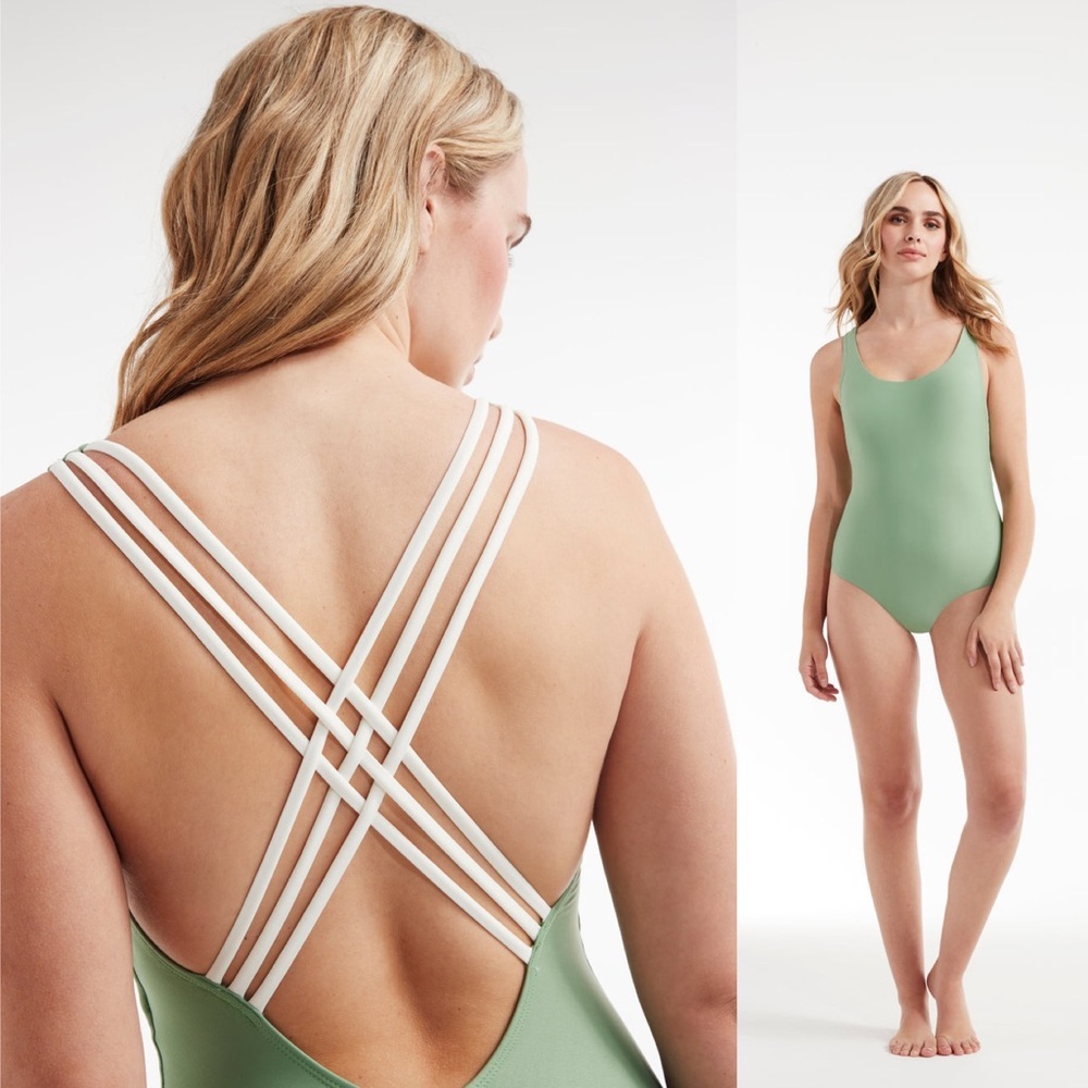 summersalt Sage Green One-Piece with White Crisscross Straps